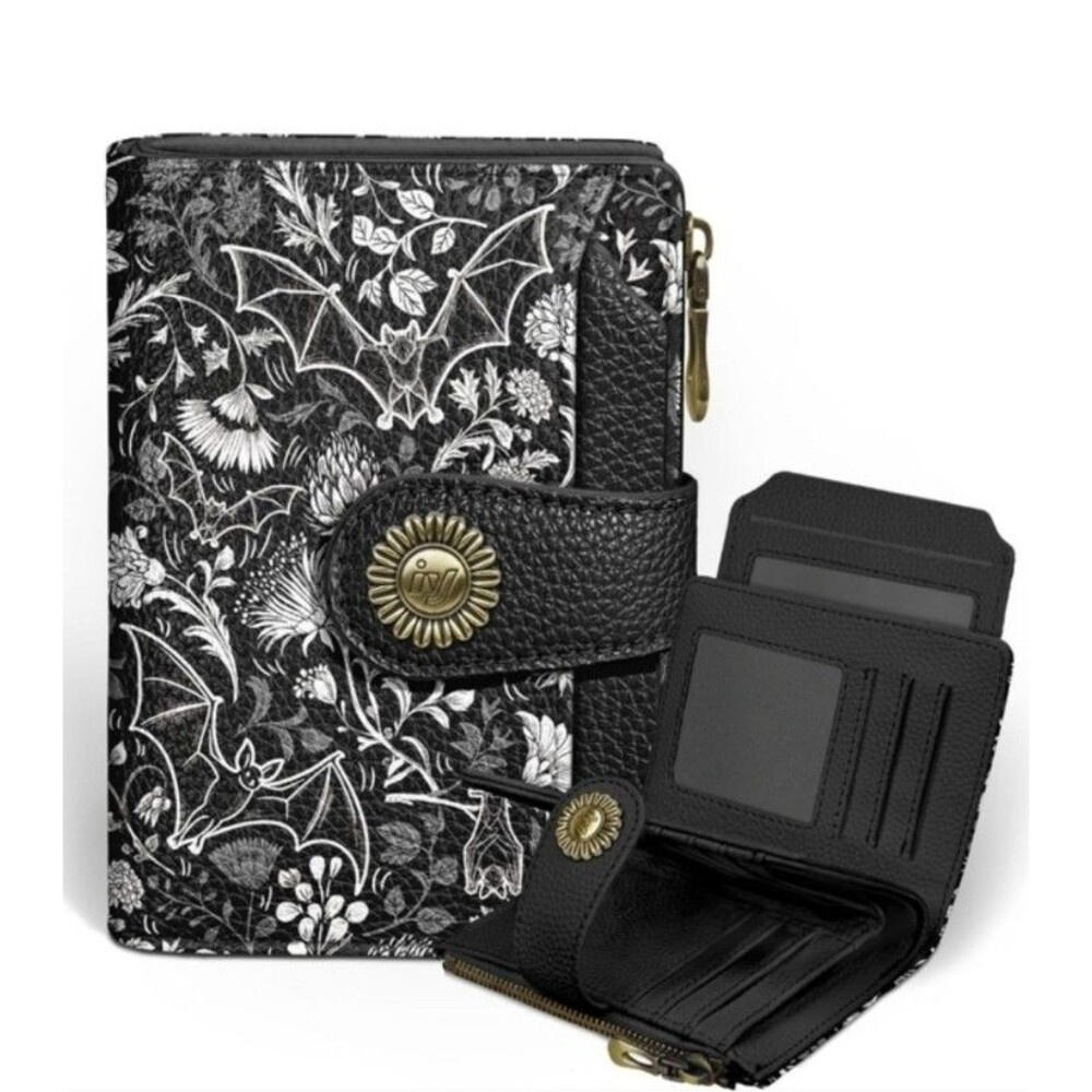 Black & White Bat Pattern Vegan Leather Wallet Zip Around Floral Gothic